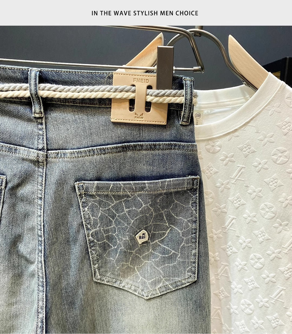 High-End Men's Jeans 2025 Autum New Slim-Fitting Small Straight Pants Trendy Brand Printed Casual Pants for Small Feet