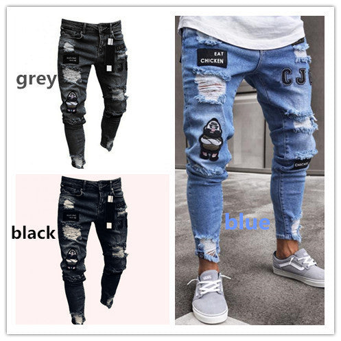 New Trendy European and American Slim-Fit Men's Jeans with Holes, Export Quality Slim-Fit Jeans for Wish Cross-Border Sales