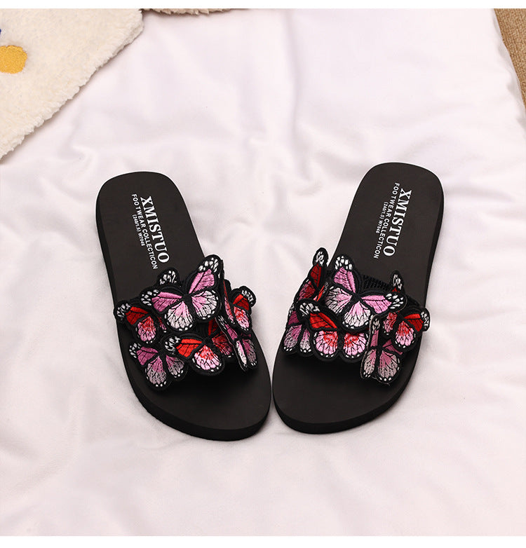 Thick-Soled Wedge-Heeled Sandals for Women, Summer Flip-Flops, Fashionable Holiday Slippers, Seaside Embroidered Butterfly Beach Shoes