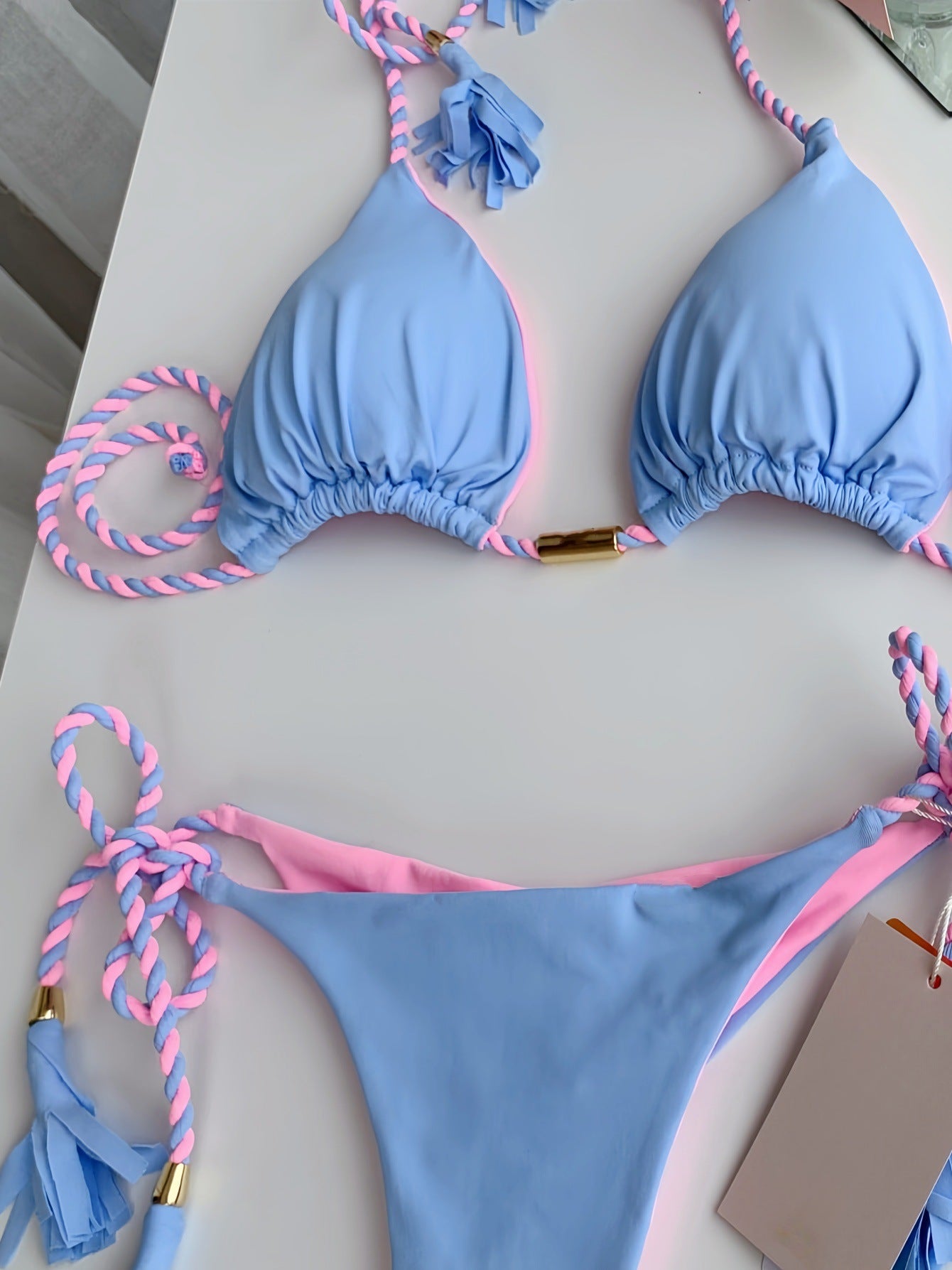 2025 new solid color fabric rope bikini triangle swimsuit Amazon European and American swimsuit in stock