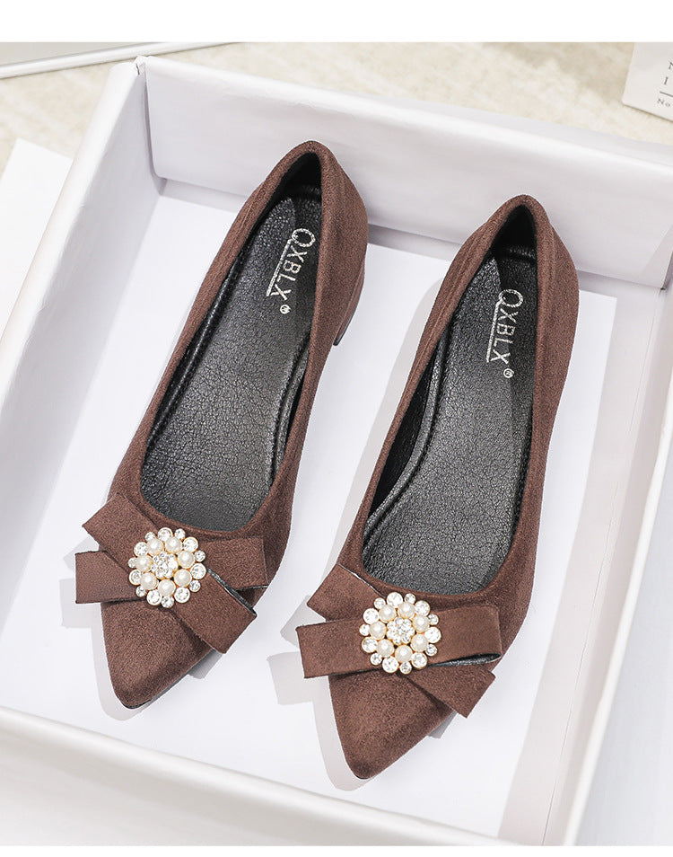 Women's Shallow Slip-On Shoes, 2026 Spring/Summer New Style, Suede with Rhinestones, Comfortable Pointed Toe High Heels, Chunky Heel Loafers