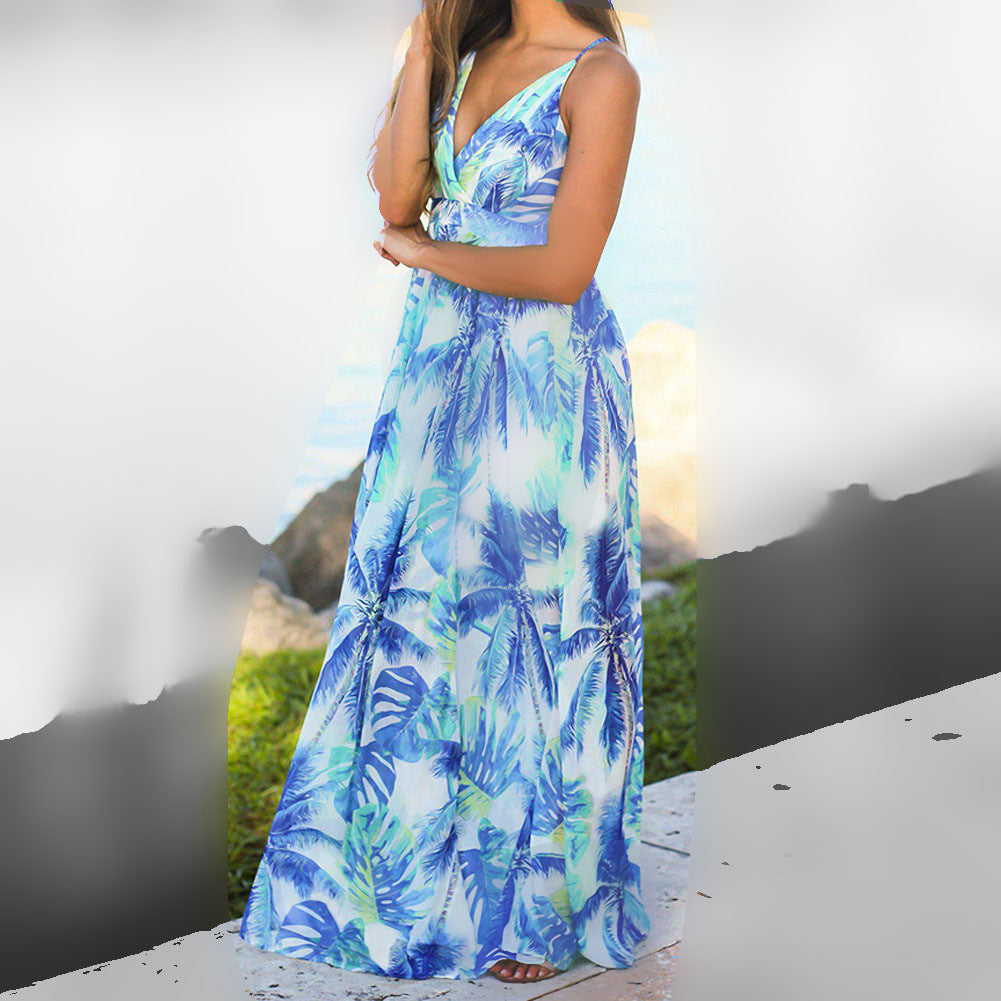 2025 Cross-Border Amazon Spring and Summer New European and American Fashion V Neck Suspender Printed Beach Dress Long Skirt