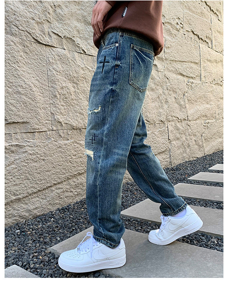 American Style Trendy Brand Ripped Jeans Men's Autumn New Duffy Handsome Trendy Niche Design Sense Loose Straight Long Pants