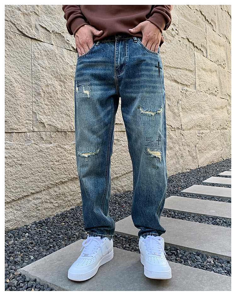 American Style Trendy Brand Ripped Jeans Men's Autumn New Duffy Handsome Trendy Niche Design Sense Loose Straight Long Pants