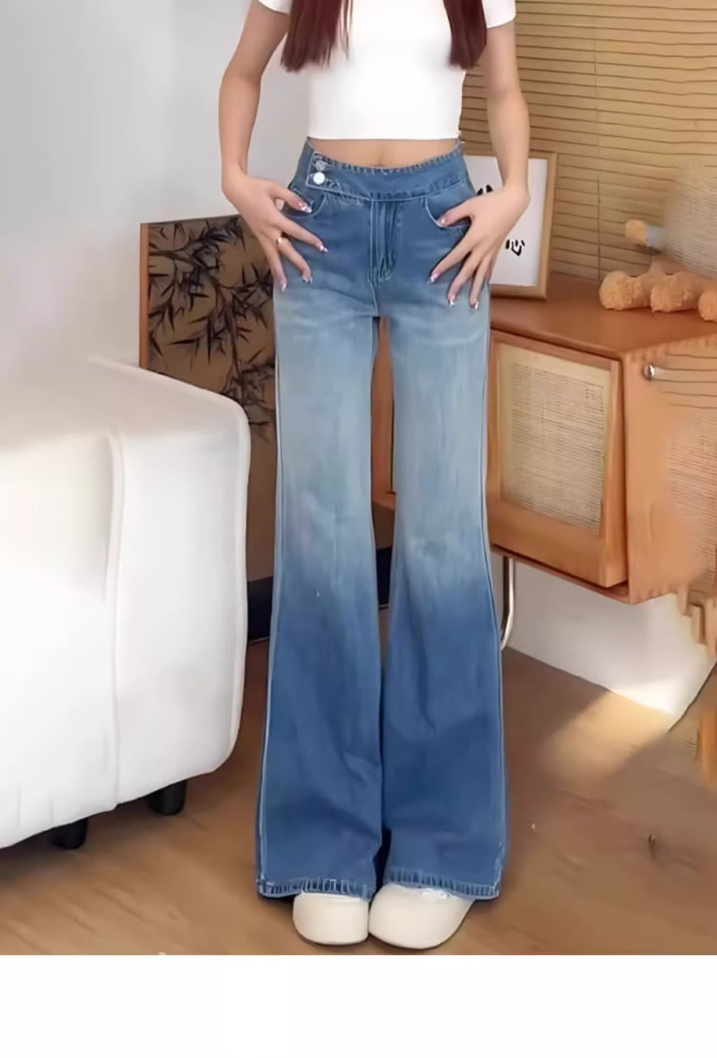 Big Bell Pants Women's Denim Wide Leg Pants Wide Leg 2024 Autumn High Waist Draping Fashion Gradient Floor Pants