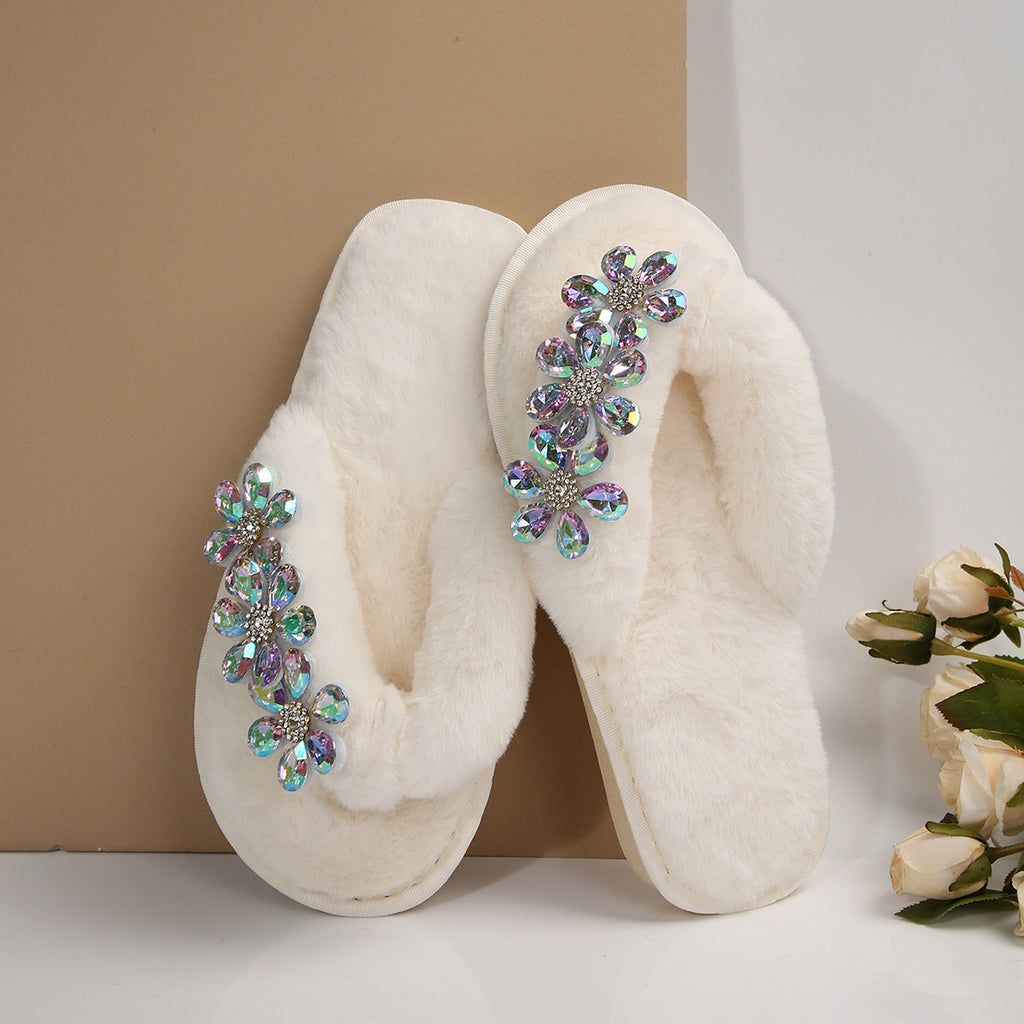 Cross-Border Foreign Trade Amazon Women's Flip-Flops with Large Flower Rhinestones, Comfortable Soft-Soled Slippers, Women's Large Size Flip-Flops