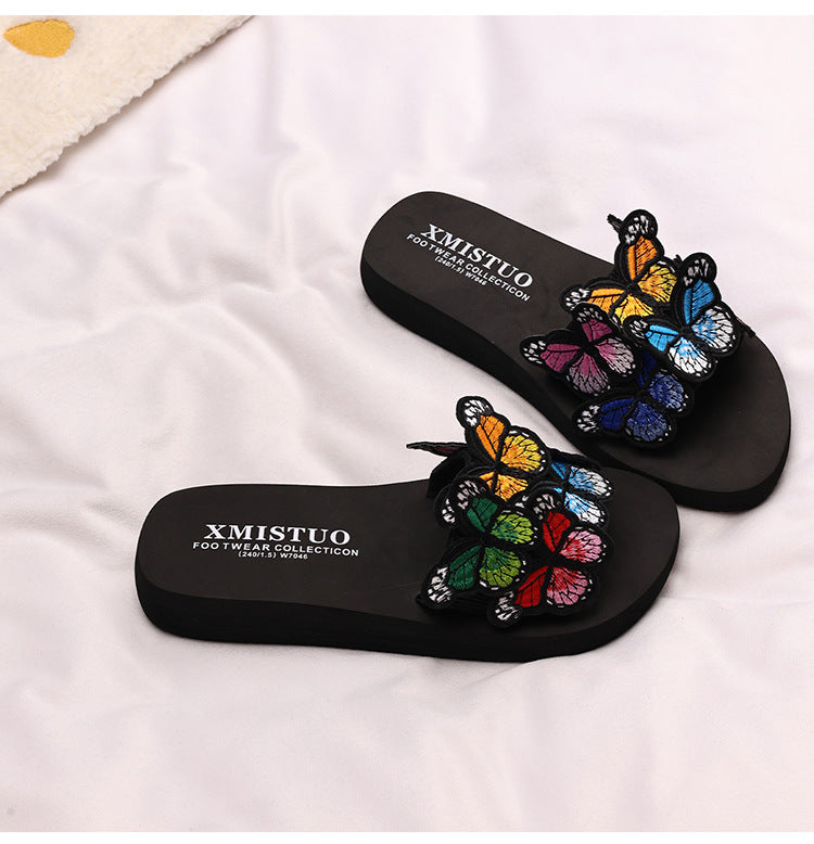 Thick-Soled Wedge-Heeled Sandals for Women, Summer Flip-Flops, Fashionable Holiday Slippers, Seaside Embroidered Butterfly Beach Shoes