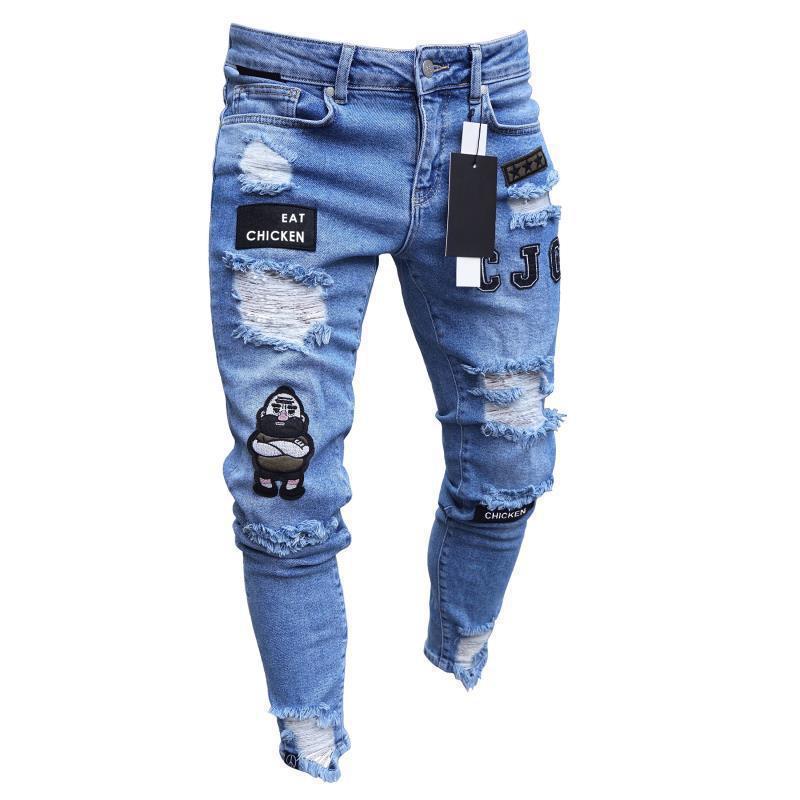 New Trendy European and American Slim-Fit Men's Jeans with Holes, Export Quality Slim-Fit Jeans for Wish Cross-Border Sales