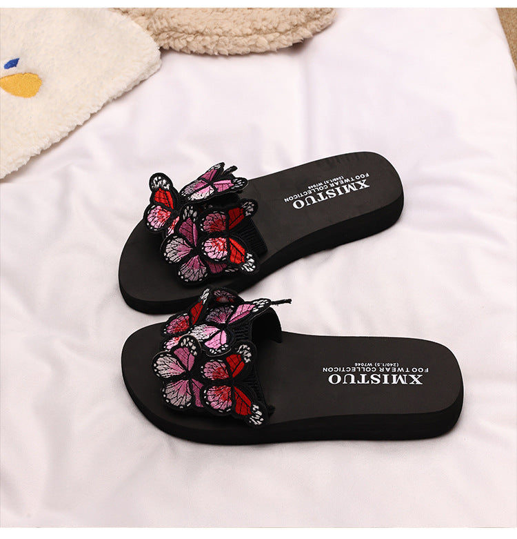 Thick-Soled Wedge-Heeled Sandals for Women, Summer Flip-Flops, Fashionable Holiday Slippers, Seaside Embroidered Butterfly Beach Shoes