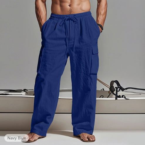 2025  Men's Solid Color plus size Cordwork Pants Drawstring Elelastic Multi-Pocket Wide Men's Casual Pants