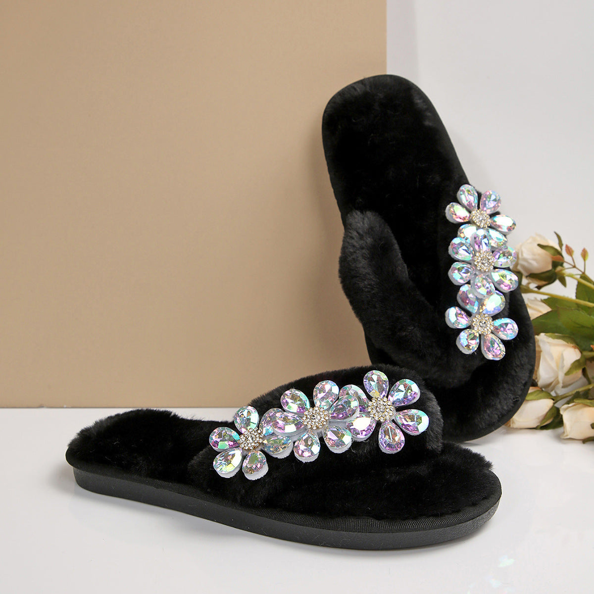 Cross-Border Foreign Trade Amazon Women's Flip-Flops with Large Flower Rhinestones, Comfortable Soft-Soled Slippers, Women's Large Size Flip-Flops