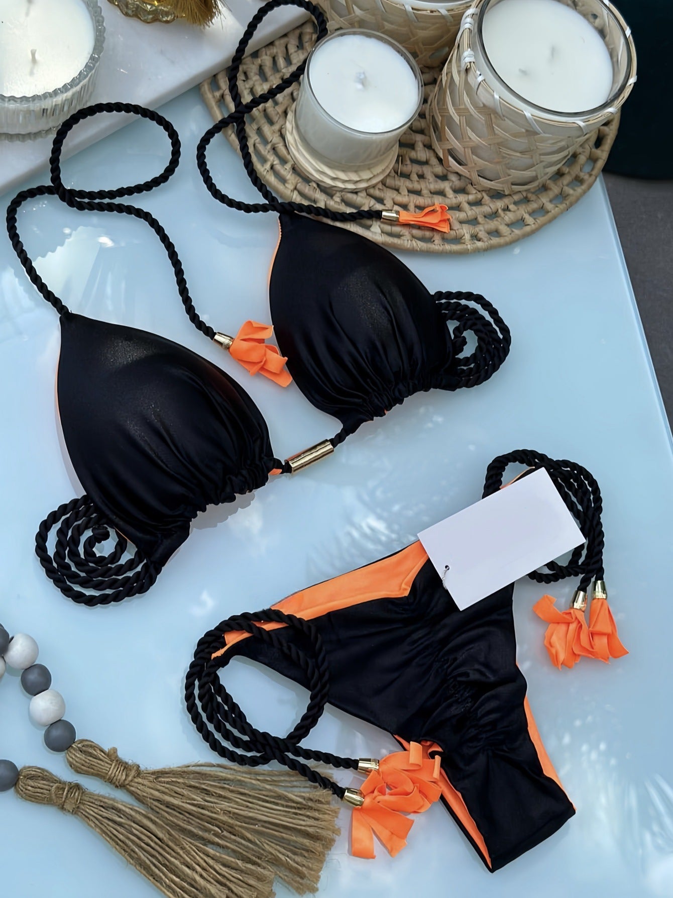 2025 new solid color fabric rope bikini triangle swimsuit Amazon European and American swimsuit in stock