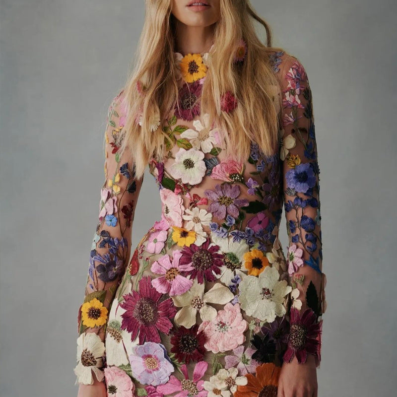 2025 Direct Sales Cross-Border European and American Three-Dimensional Flower Mesh Lace Embroidery Hip-Covering Slimming Sexy Dress