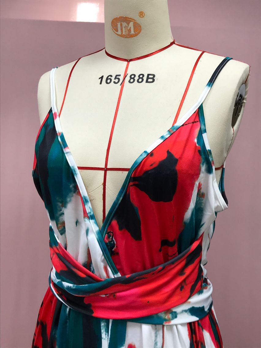 2025 Cross-Border Amazon Spring and Summer New European and American Fashion V Neck Suspender Printed Beach Dress Long Skirt
