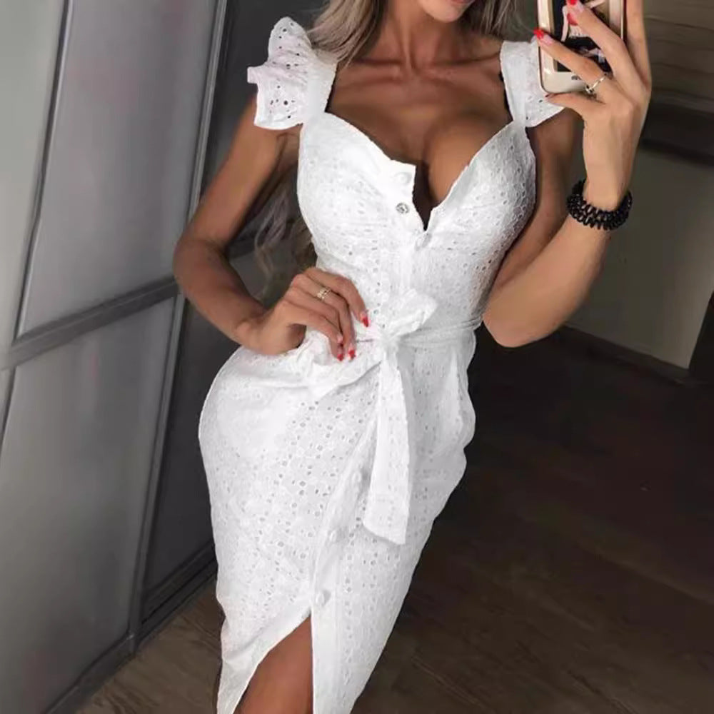 2019 European and American women's autumn and winter  sexy embroidered square collar dress 2 colors 4 sizes