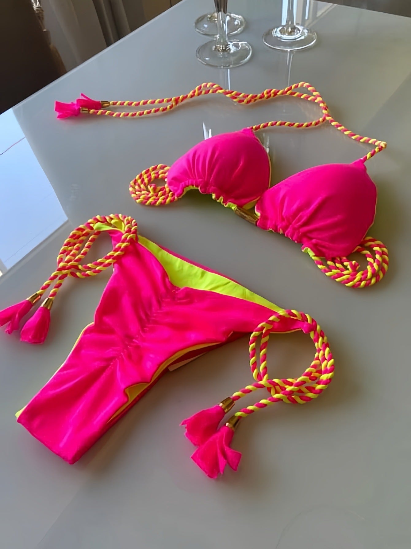 2025 new solid color fabric rope bikini triangle swimsuit Amazon European and American swimsuit in stock