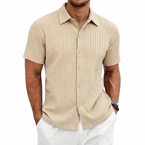 European and American Men's Casual Jacquard Shirt Men's Summer Solid Color Lapel Breathable Men's Short-Sleeved Shirt Top