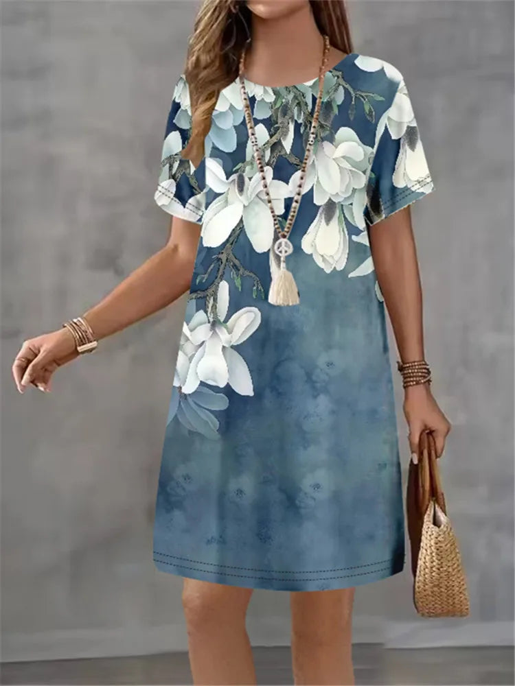 Women's Summer Short Seeved Round Neck Casual Mini Dress Vintage 3D Imitation Denim Printed Dress Elegant Women's Dress Vestidos