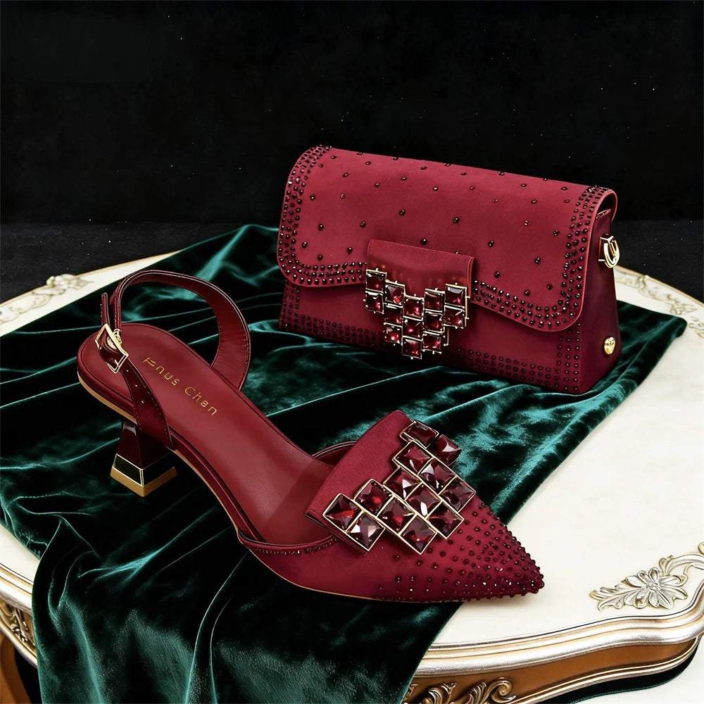 Venus Chan 2026 INS Italy Elegant Rhinestone Pointed Toe High Heels & Matching Bag Set - Perfect for Women's Parties & Weddings