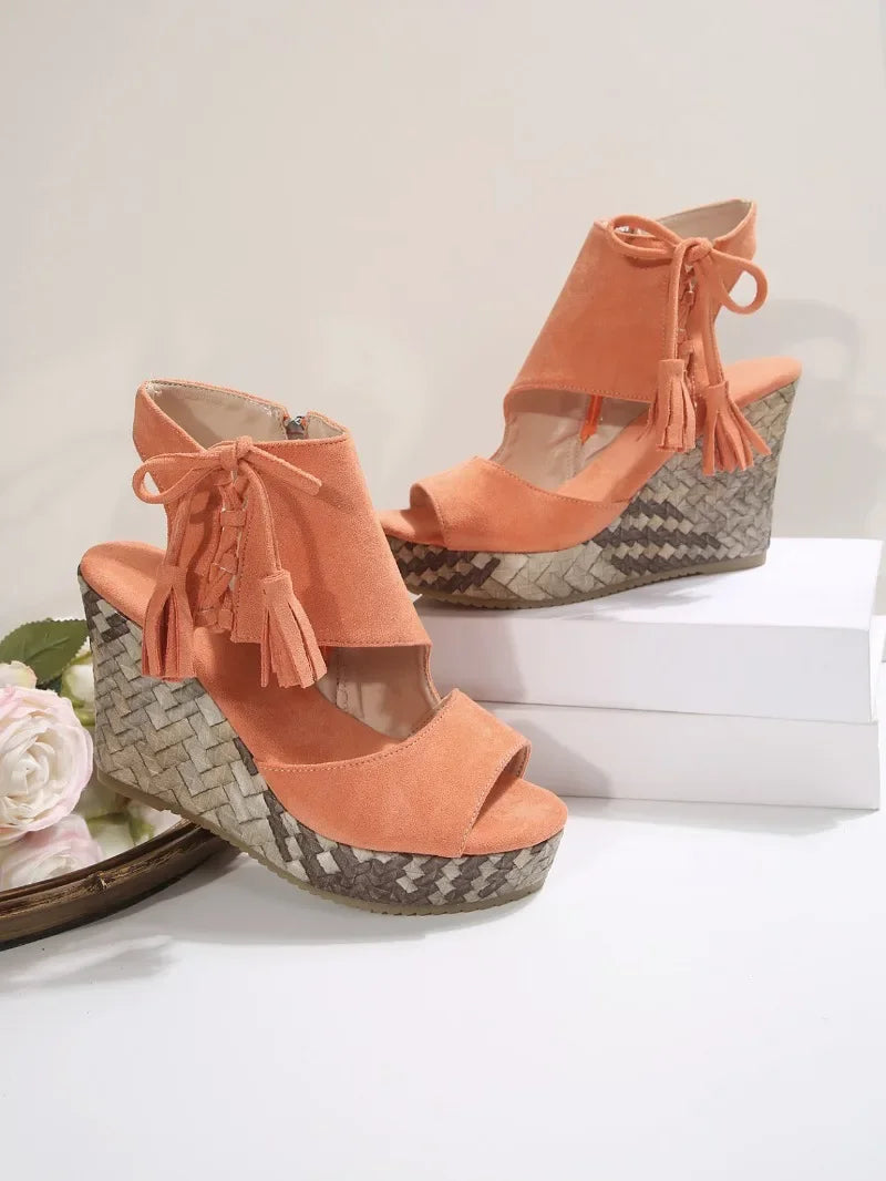 2025 Summer Suede Leather Women's Thicken High Heels Hollow Out Sandals Sexy Elegant Platform Wedges Open Toe Ladies Shoes