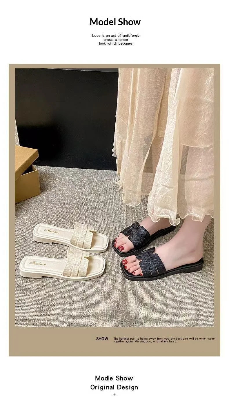 Fashion women's smooth slippers small Xinhong style French-style square toe high-end summer beach and outdoor slippers Advanced