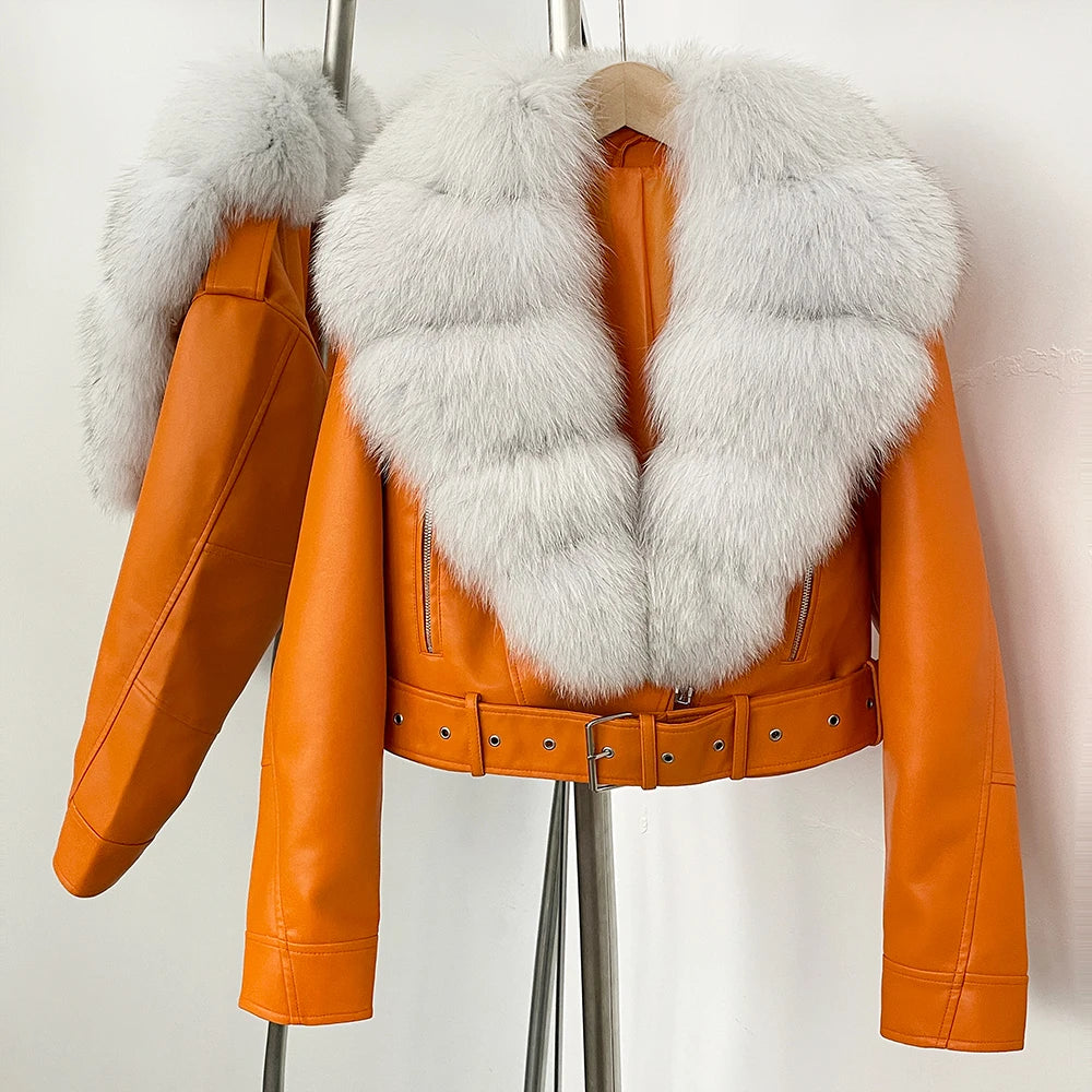 Elegant Faux Leather Jacket Female New Natural Fox Fur Autumn Short Top Clothing PU Women Long Sleeve Fake Leather Real Fur Coat