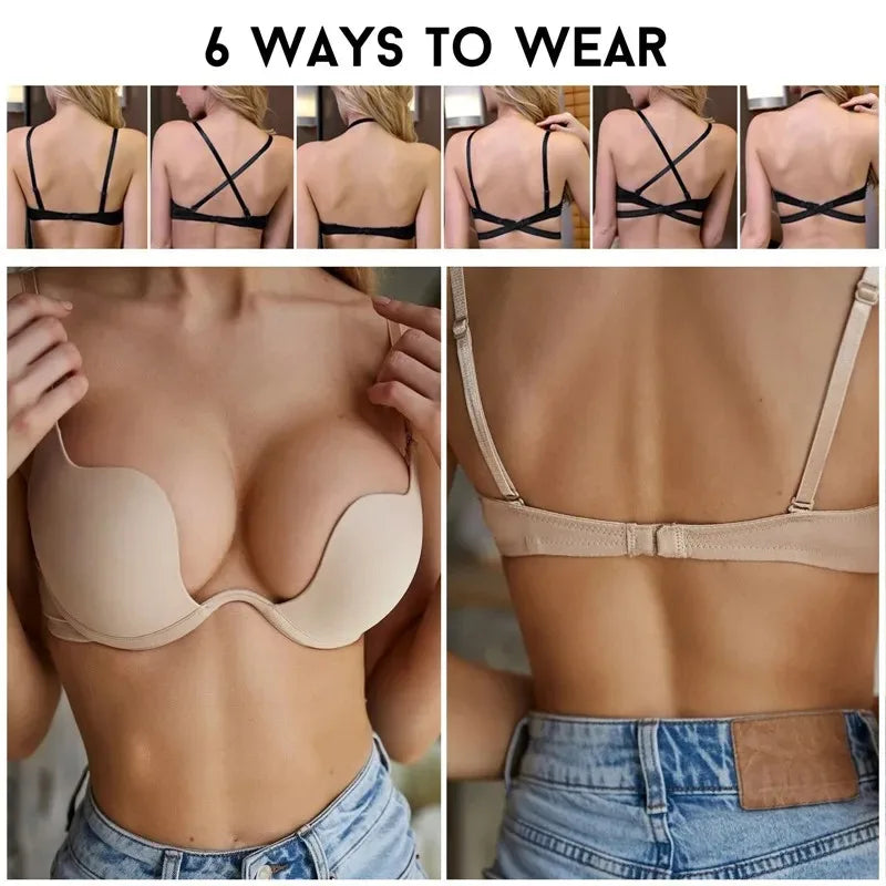 Sexy Women Lingerie Backless Bras Underwear Deep V Low Cut Push Up Bra Intimates Female Sport Yoga Bralette Low Back Invisible