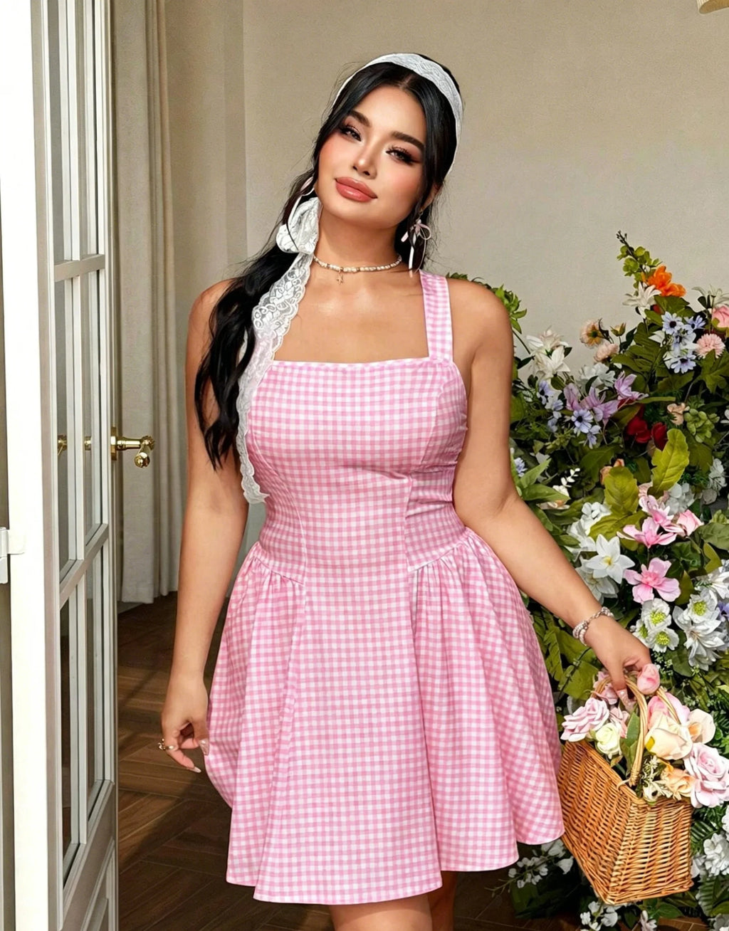 Plus Size Plaid Spaghetti Strap Mini Dress, Elegant Waist Cinching Short Dress for Women