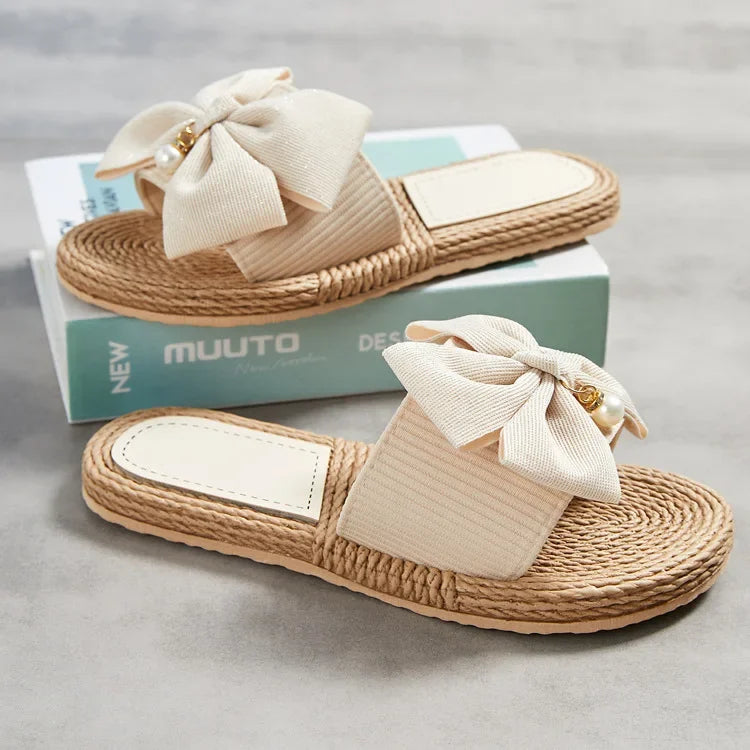 Female Summer Slippers Artificial Straw Sole Shoes Lady Summer Indoor Flat with Flip Flops Stitching Floral Women Slippers