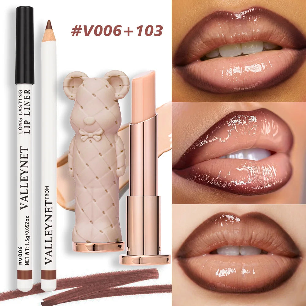 2Pcs/Set Hydrating Lipstick&Brown Liner Kit, Nourishing Formula with Creamy Cocoa Pen Non Drying Glossy Lip Set for Daily Wear