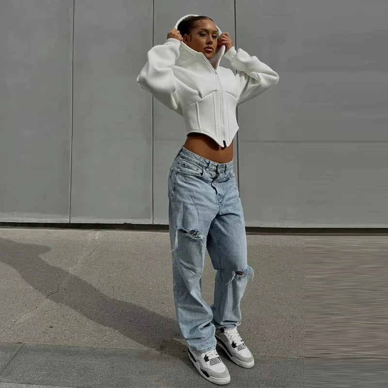 Street Women's Solid Hooded Sweatshirt Jacket Slim Long Sleeved Zipper Waist Cinching Cropped Jackets 2026 Autumn Lady Suits New