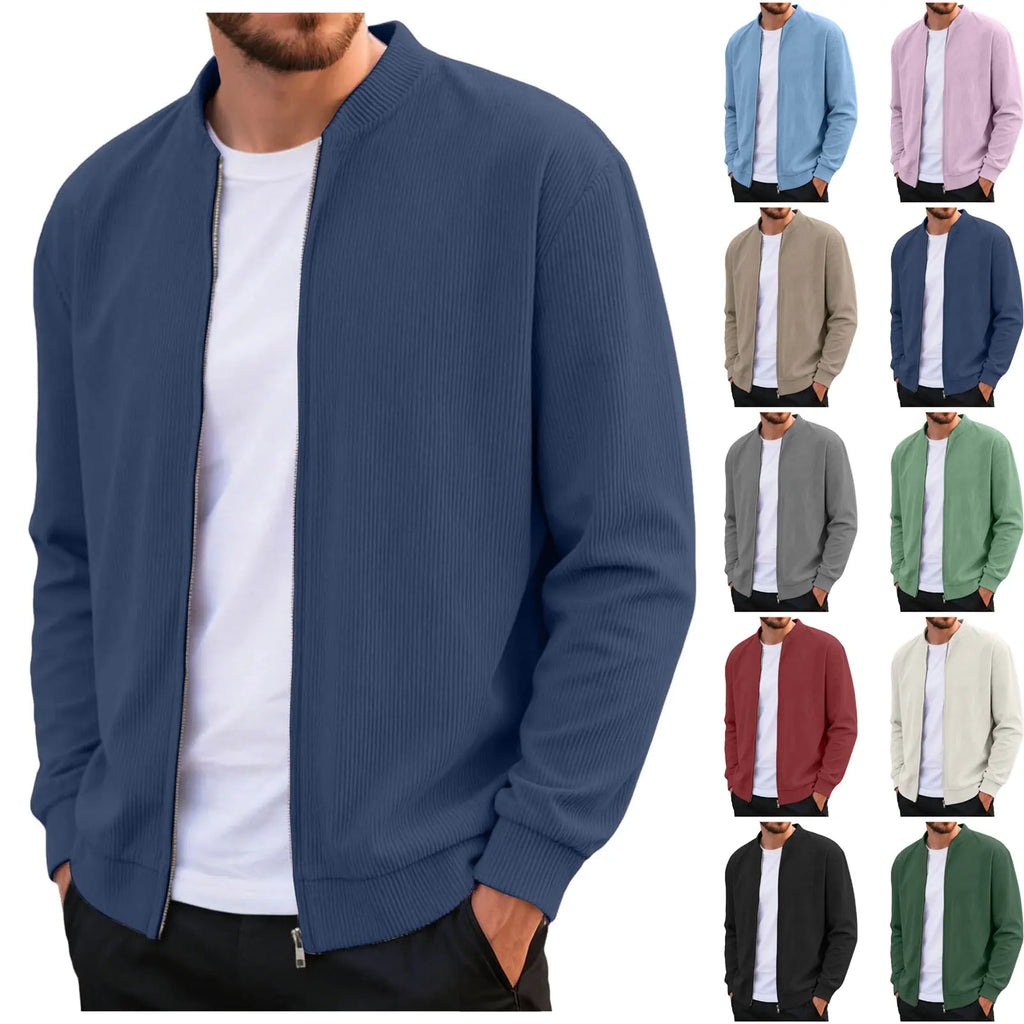 Corduroy Solid Color Men'S Casual Coat Round Neck Zipper Long Sleeve Outerwear Autumn/Winter Stylish Male Jacket Overcoat
