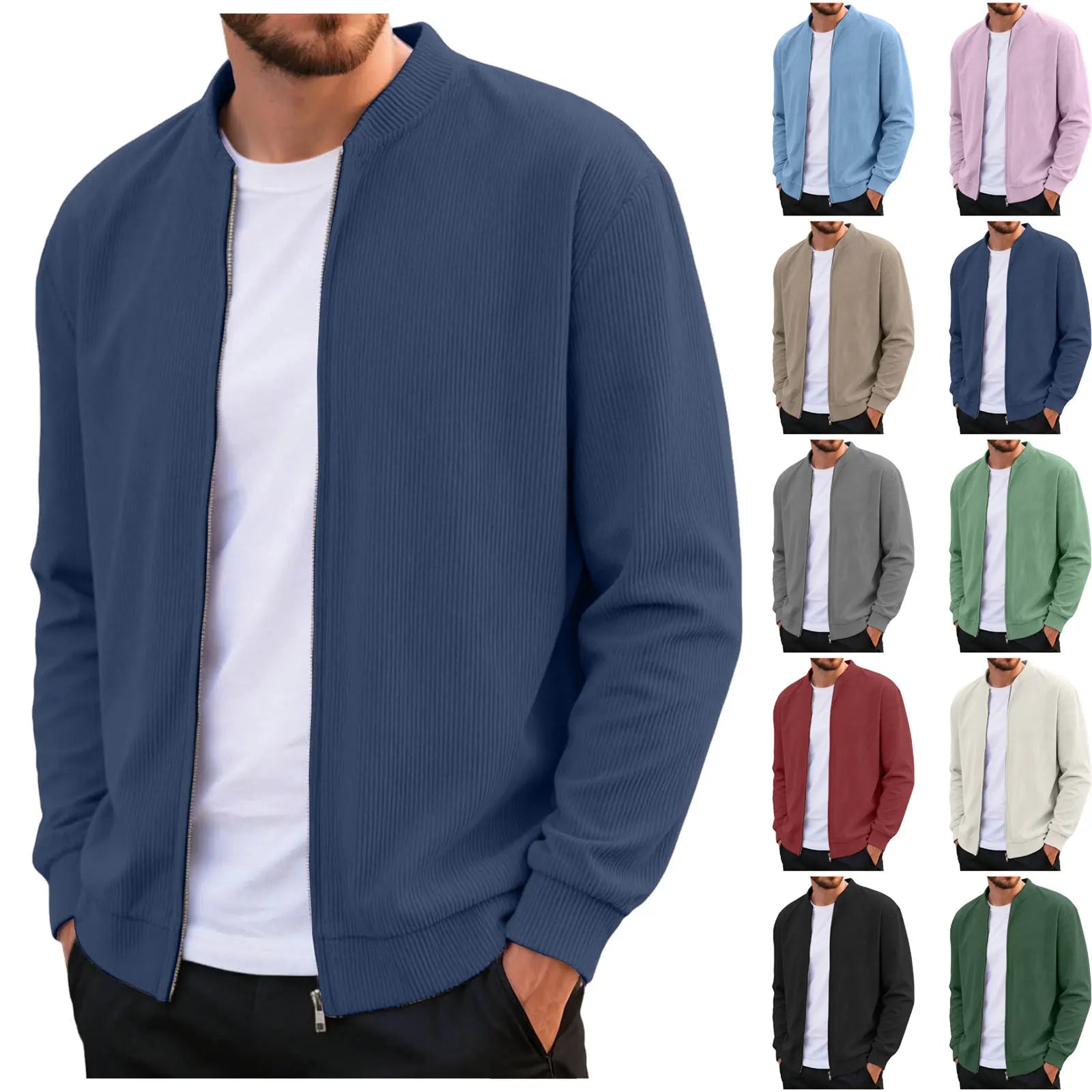 Corduroy Solid Color Men'S Casual Coat Round Neck Zipper Long Sleeve Outerwear Autumn/Winter Stylish Male Jacket Overcoat
