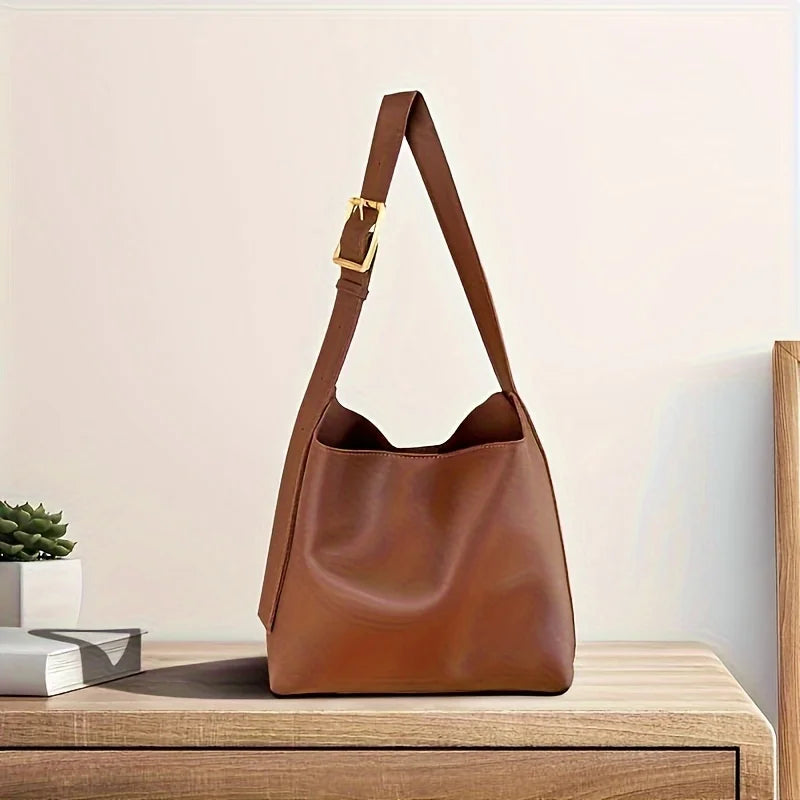 Women's Fashion Tote Bag, Minimalist Shoulder Handbag, Retro Faux Leather Bucket Bag, Polyurethane Lining, No Print