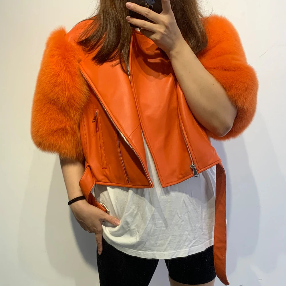 Leather Fur Jacket Natural Fur Sleeve Ladies Short Leather Jacket Real Fox Fur Sleeve Coat Women Autumn 21001-1