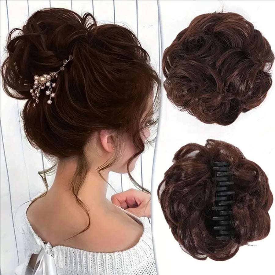 Synthetic messy hair clip bun short curly hair clip in a woman's ponytail hair extension bun wig