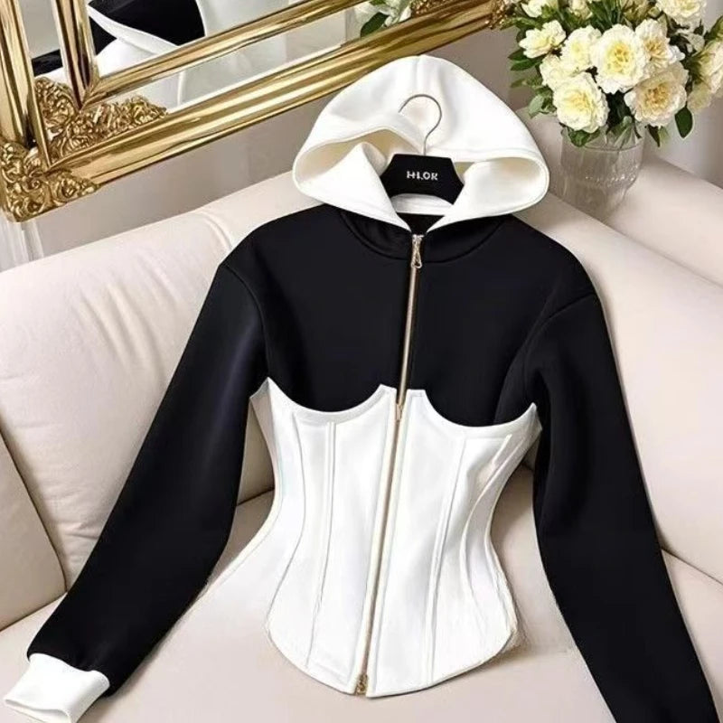 French Elegance White Black Patchwork Hooded Sweatshirt Women Jacket Waist 2025 Casual Office Lady High End Crop Top Zipper Coat