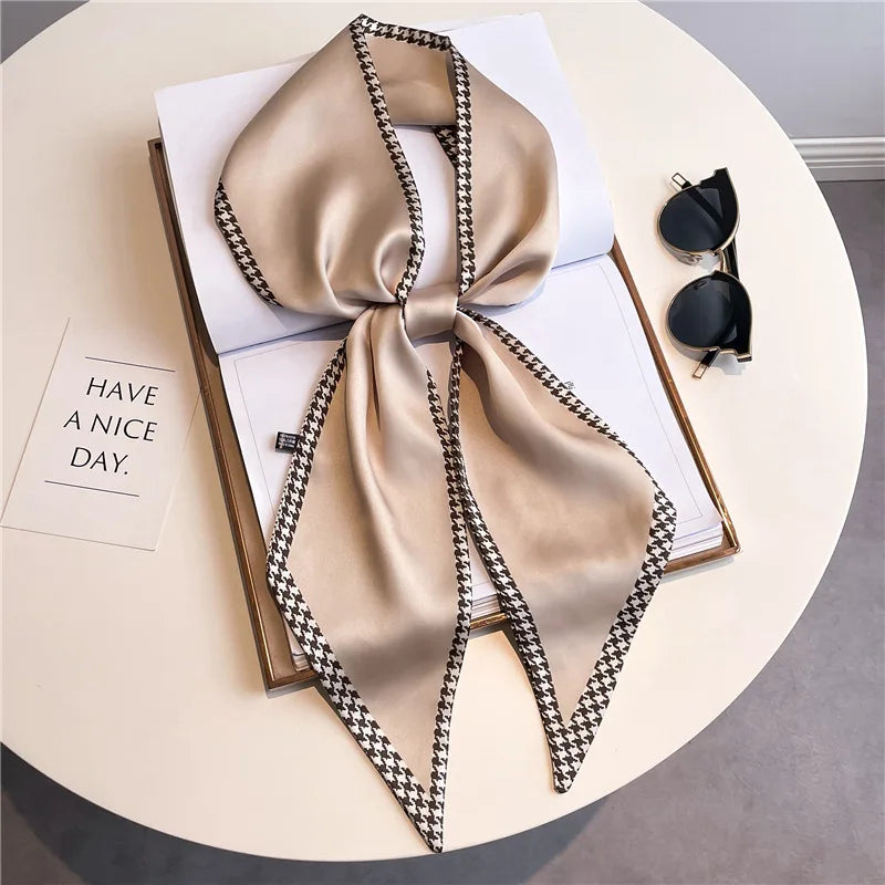Horse carriage houndstooth decorated summer lightweight scarf fashionable long neckerchief women versatile slim bias-cut ribbon