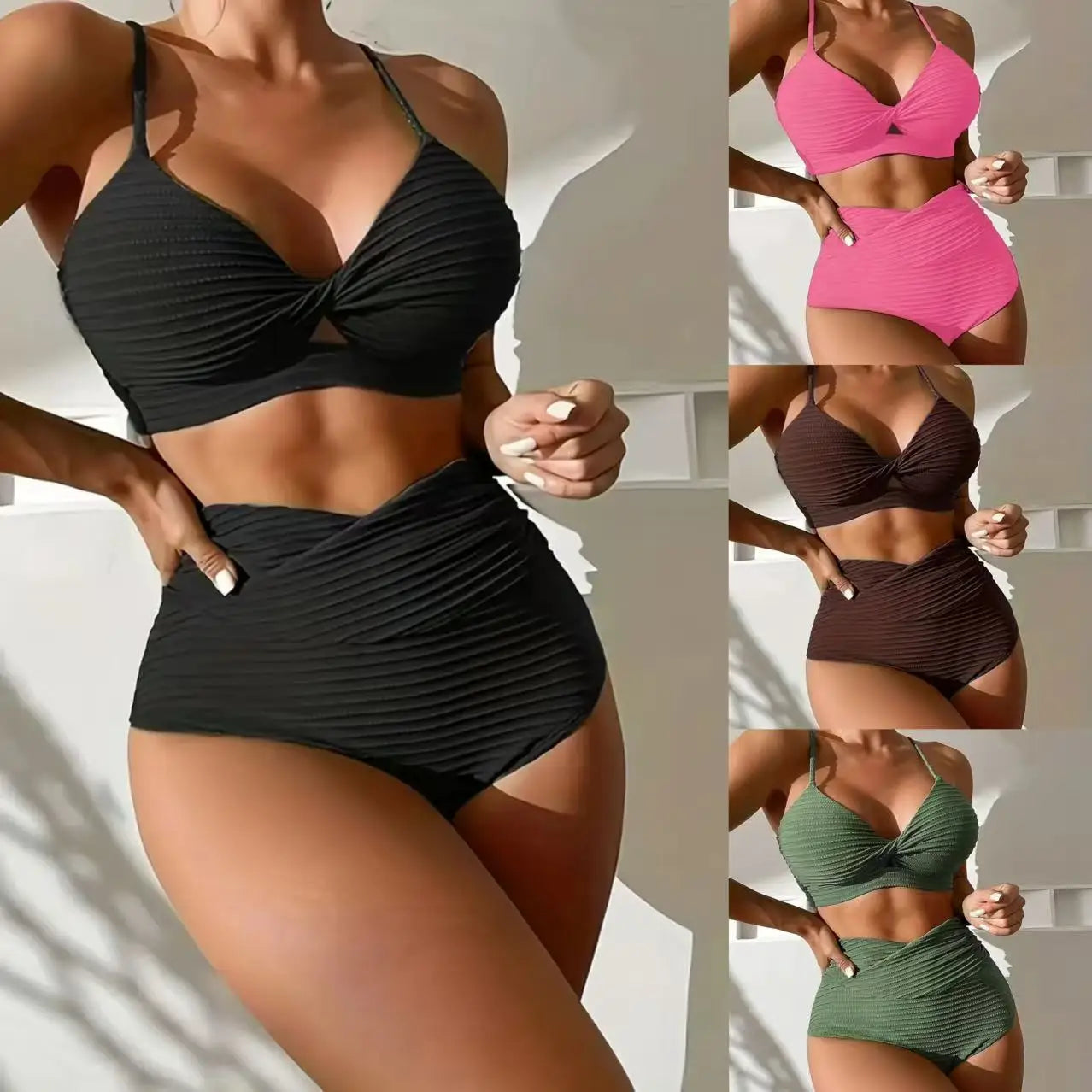 High-Waist Sexy Striped Bikini Swimsuit Women's Two-Piece Swimwear Thickened Polyester Fabric with Chest Pad No Steel Support
