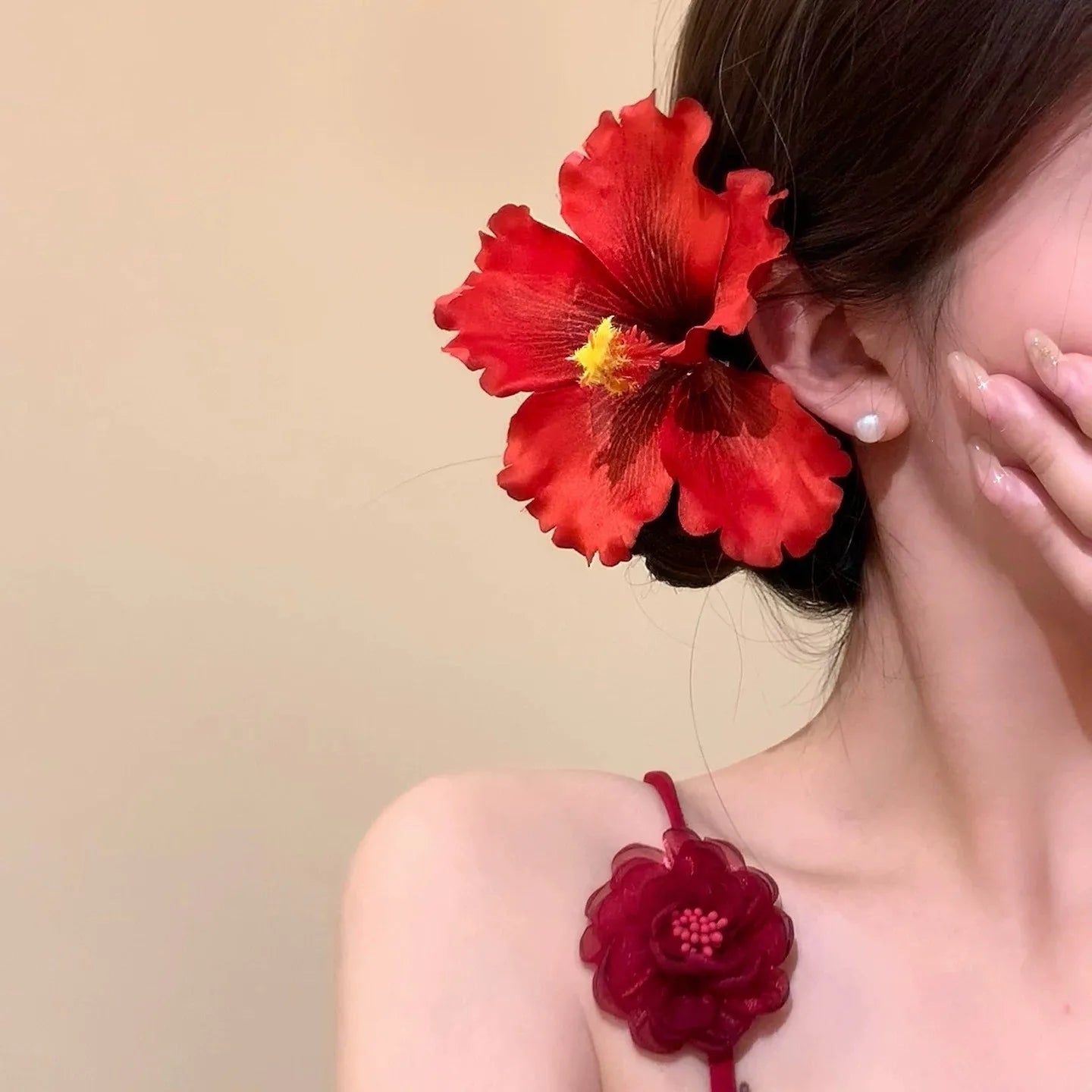 YJL 2pcs Hibiscus Flower Hair Side Clips Handmade Artificial Bohemian Floral Hairpin for Girls Beach Party Hair Accessories