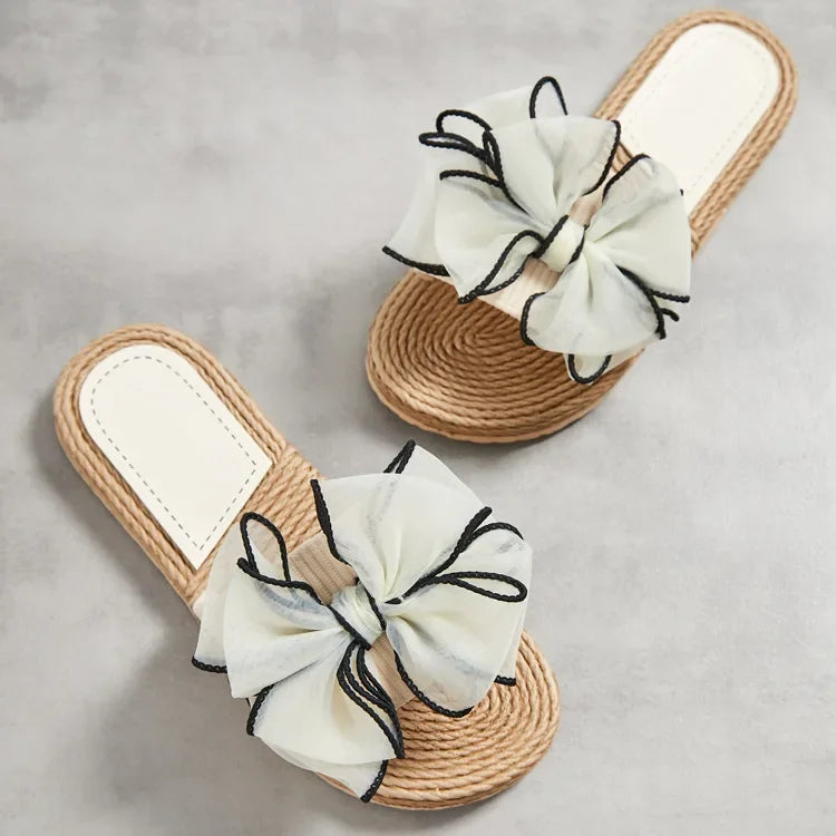 Female Summer Slippers Artificial Straw Sole Shoes Lady Summer Indoor Flat with Flip Flops Stitching Floral Women Slippers