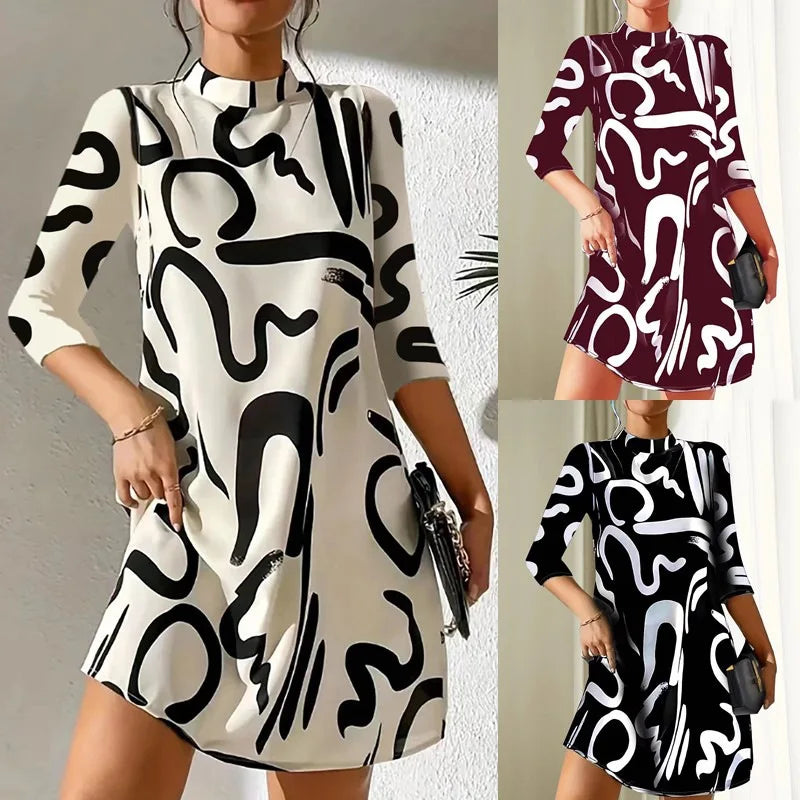 Fashion Long Sleeve Print Mini Dress Women 2025 Autumn Casual Temperament Office Ladies Dresses For Women Robe Femme