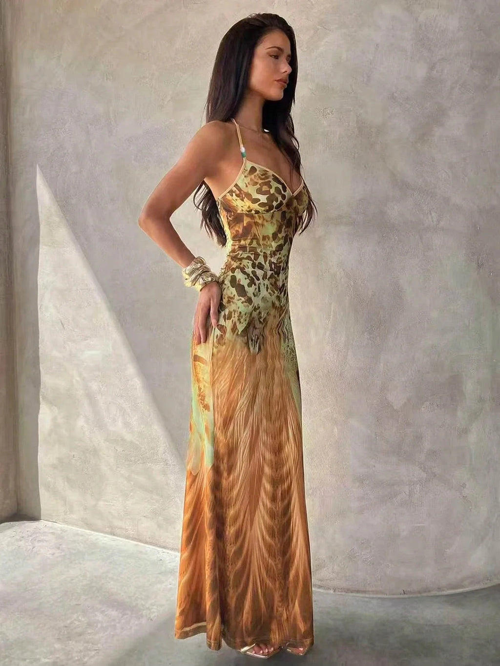 Women's Leopard Print Long Maxi Dress Halter Neck Plunge Front Tiered Ruffle Mermaid Skirt Elegant Party Cocktail Daily Gowns