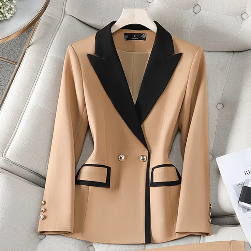 XFPV Office Lady Women Long Sleeves Blazer 2025 Autumn New Contrast Color Double Breasted Notched Loosĺe Blazers Coat Autumn New