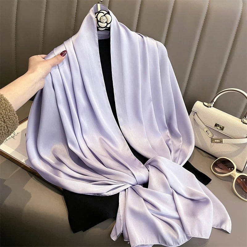 2024 Luxury Brand Silk Scarf for Women Large Shawl Wrap Headband Solid Design Hijab Beach Stoles Female Foulard Echarpe Bandana