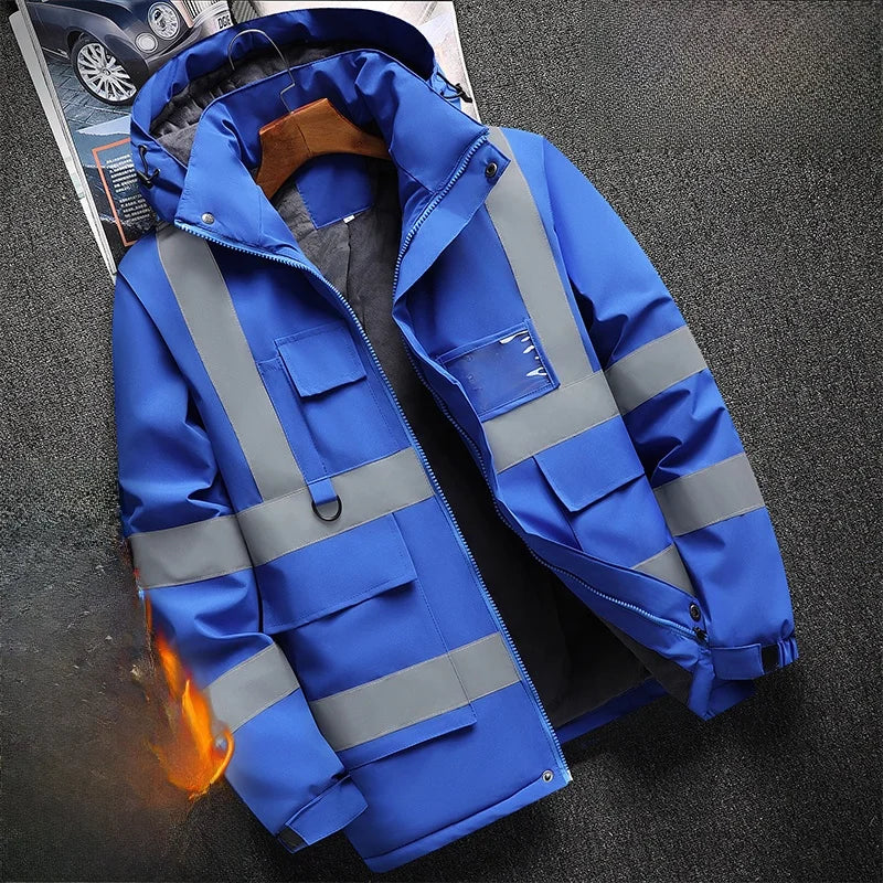 Thiened Fce Workwear Jaet ex Warm Windproof Reflective Cotton Coat Men's Casual Sle Removable Hat Zipper Closure