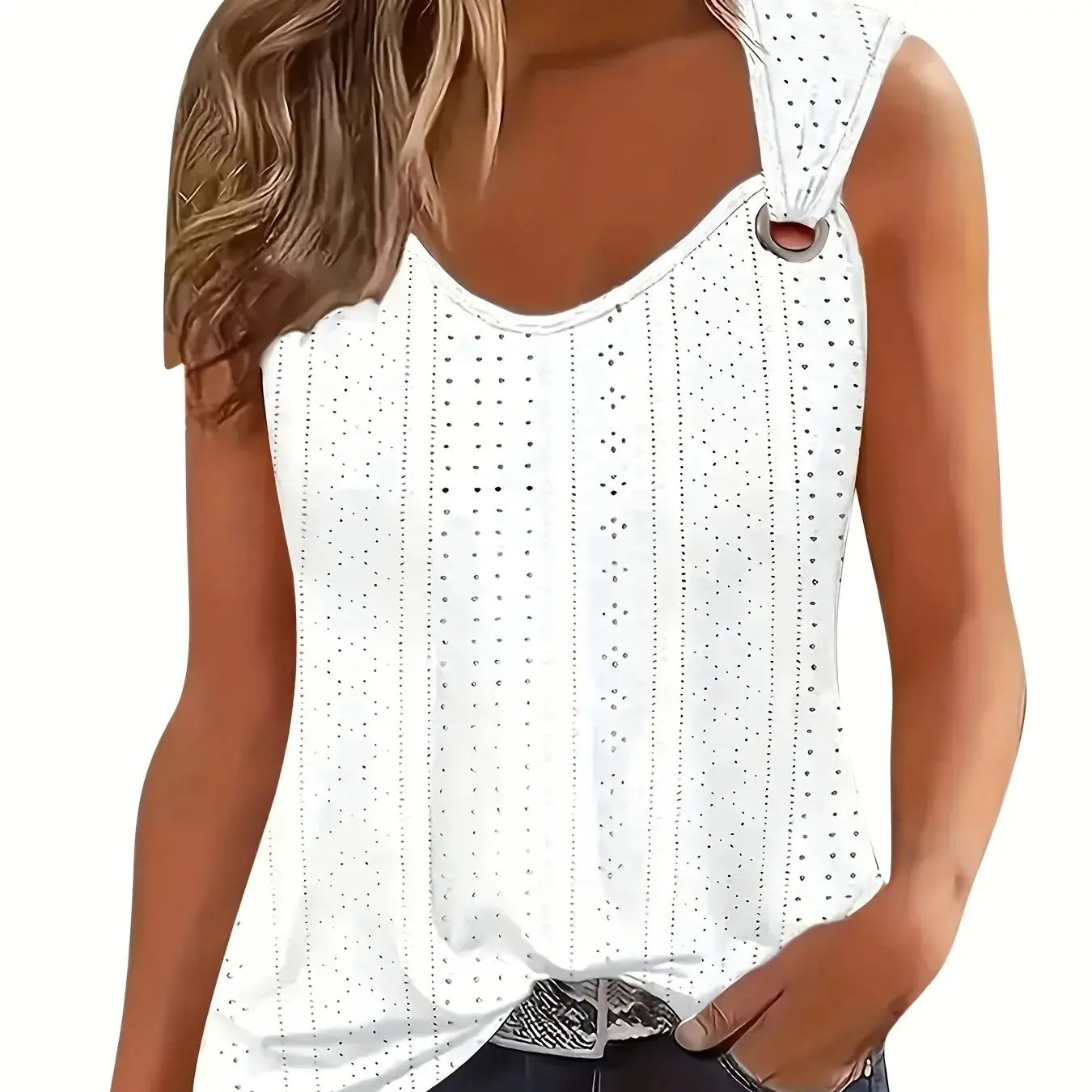 Women's Eyelet Embroidery Tank Top Symmetrical Straps with Buckle V Neck Casual Sleeveless Cami Tops