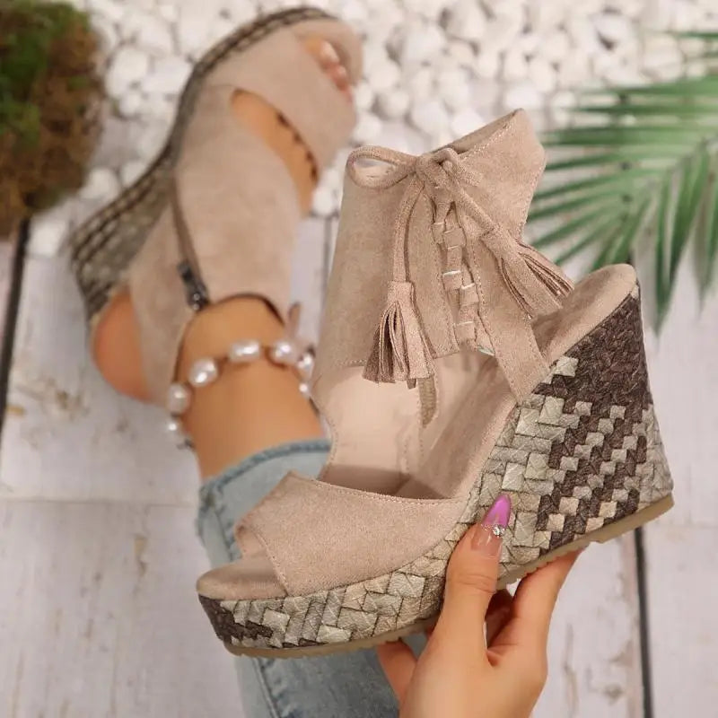 Bohemia Tassel Decoration Side Zip Sandals Women 2026 Summer Chunky Platform Wedge Heel Sandals Sexy Super High Heel Beach Shoes