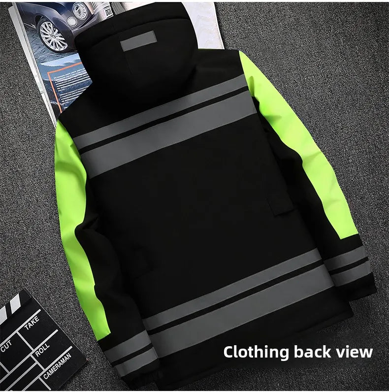 Thiened Fce Workwear Jaet ex Warm Windproof Reflective Cotton Coat Men's Casual Sle Removable Hat Zipper Closure