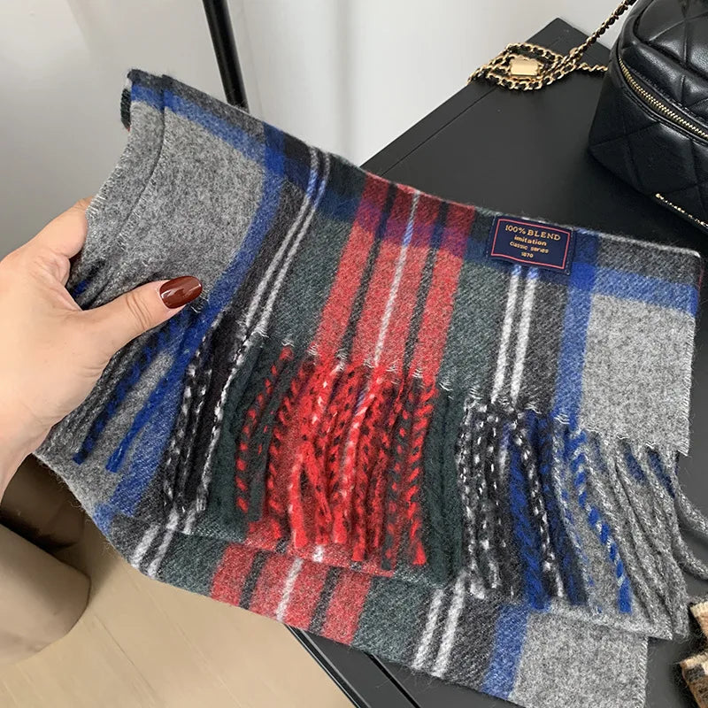 Faux Cashmere Plaid Scarf British Classic Style Light Luxury Unisex Warm Winter Autumn Neck Wrap for Couple